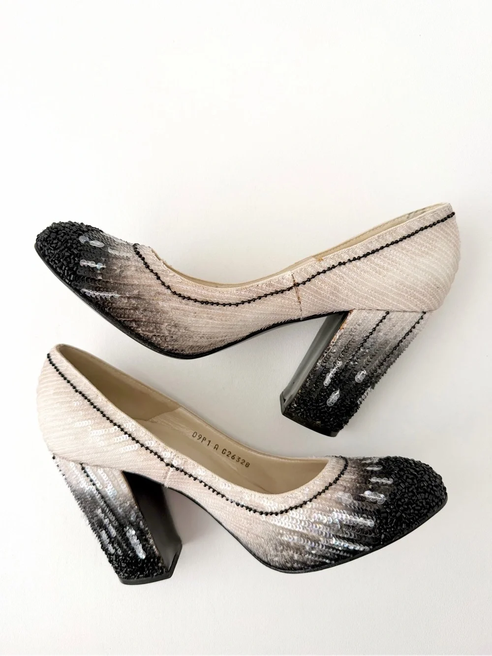 CHANEL | Vintage Sequin Embellished Pumps Black Ivory Gradient Heels 2009 EU 39